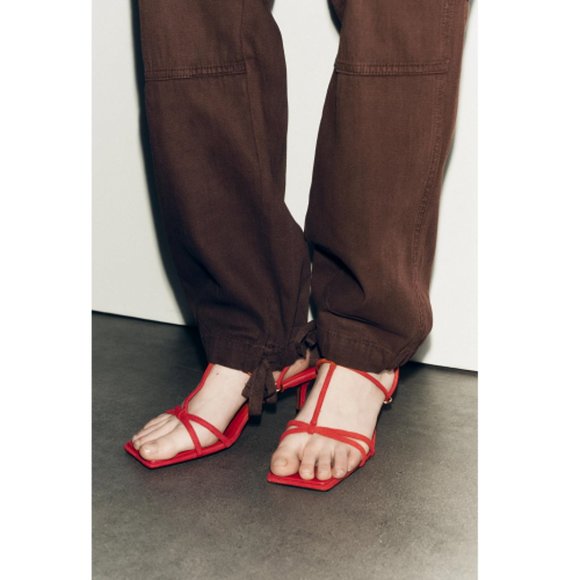 Zara 100% Leather Sandals Red Straps Square Toe 2.2 inch Heel Spring Summer Sz 8 - Picture 1 of 11